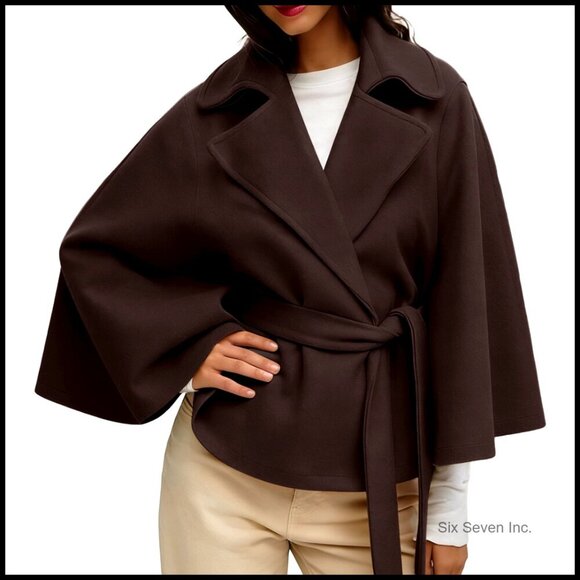Jackets & Blazers - Wool Blend Cape Jacket with Belt Batwing Sleeve Poncho Pea Coat